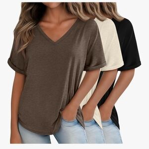Women's Casual V-Neck T-Shirt - Brown, Cream, and Black